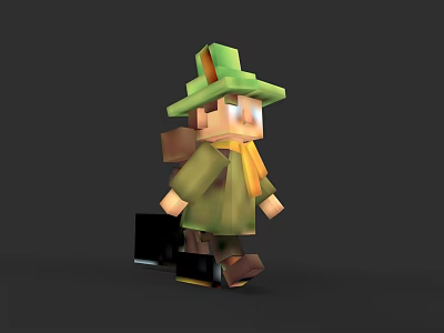 Pixel Style Game Character In Green Hat Coat And Yellow Scarf Carrying Black Suitcase Walking 3d model