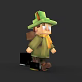 Pixel Style Game Character In Green Hat Coat And Yellow Scarf Carrying Black Suitcase Walking
