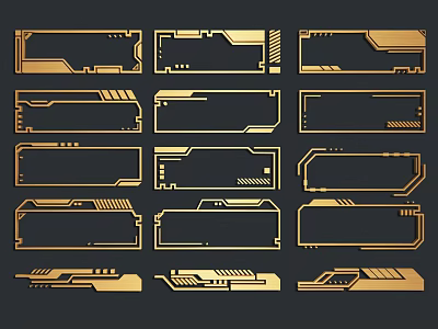 Carved Golden Frames with Geometric Patterns and Lines on Dark Background Decorative Design 3d model