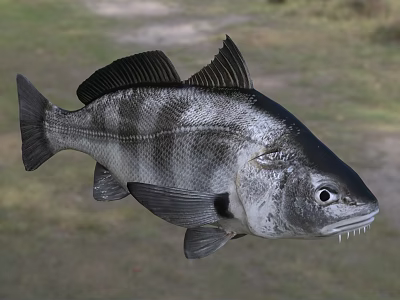 Detailed Black and Silver Striped Fish with Large Eyes and Sharp Teeth as Aquatic Animal 3d model