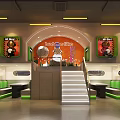 Modern Restaurant Interior With Green Orange Decor Neon Sign Staircases And Seating Booths