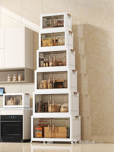 White Stackable Kitchen Cabinets With Clear Doors For Storage Containers And Utensils 3d model 