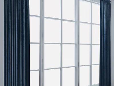 Modern Home Interior With Large Floor To Ceiling Windows And Dark Blue Curtains 3d model