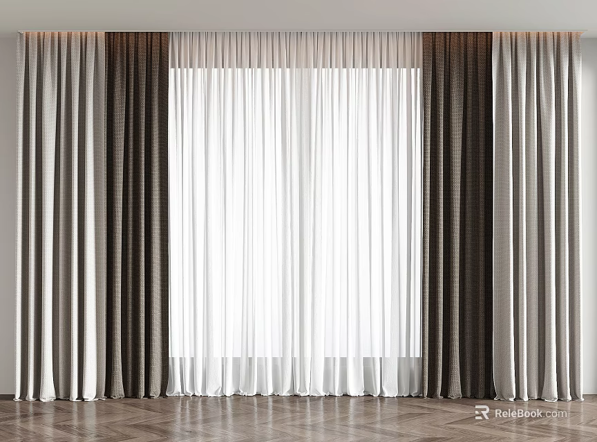 Modern Double Layer Curtains With White Sheer And Gray Brown Panels For Window 3d model