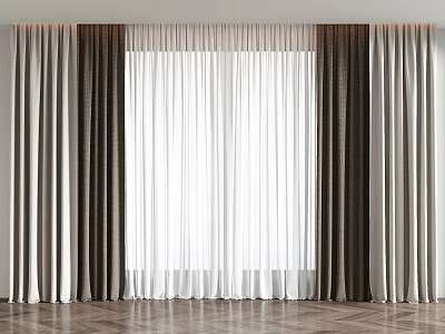 Modern Double Layer Curtains With White Sheer And Gray Brown Panels For Window 3d model