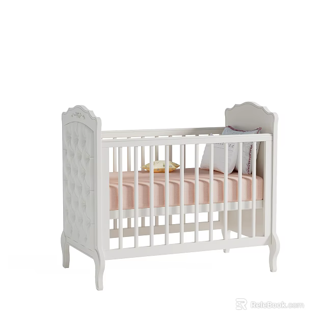 Elegant White Baby Crib with Carved Headboard Footboard and Soft Pink Mattress 3d model 