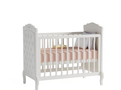 Elegant White Baby Crib with Carved Headboard Footboard and Soft Pink Mattress 3d model