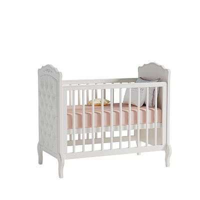 Elegant White Baby Crib with Carved Headboard Footboard and Soft Pink Mattress 3d model
