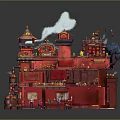 Vibrant Cartoon Scene With Traditional Red Multi layered Buildings Lanterns Smoke And Figures