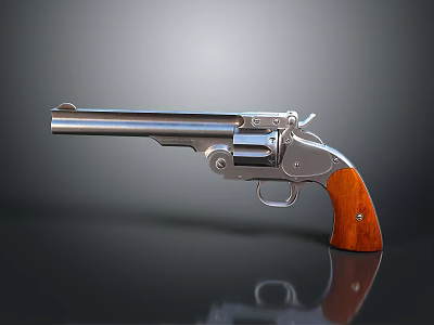 Classic Silver Revolver With Metal Barrel Wooden Grip Reflective Surface And Gray Background 3d model