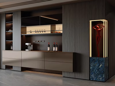 Modern Luxury Wooden Sideboard With Storage Cabinets Wine Rack And Decorative Lighting 3d model