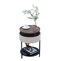 Round Side Table With Wooden Top Metal Legs Glass Vase Green Plant And Deer Figurine