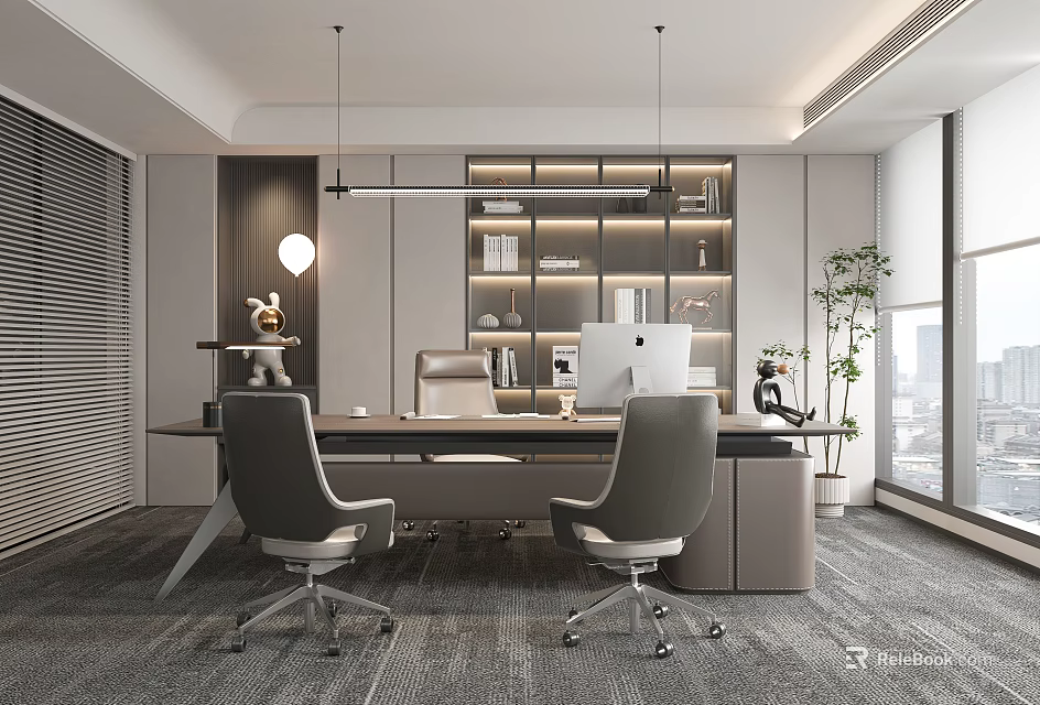 Modern Office Interior Design With Desk Office Chairs Computer Bookshelf And Plant 3d model 