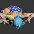 Woman In Vibrant Colorful Outfit With Blue Headpiece Rainbow Socks And Pink Shoes Dancing