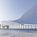 Modern Sales Office Building With Glass Curtain Wall And Curved Roof Surrounded By Trees