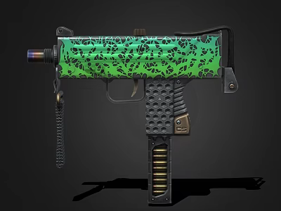 Green Patterned Pistol With Black Grip Metal Parts And Chain Accessory 3d model