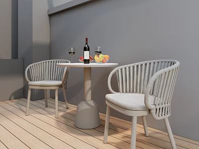 Modern Rattan Outdoor Patio Table and Chairs Set With Wine Bottle Glasses and Fruit Plate 3d model