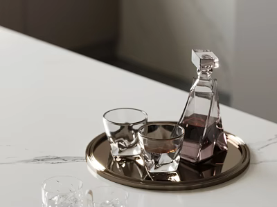 Transparent Wine Bottle With Dark Liquid And Glasses On Metal Tray White Marble Tabletop 3d model
