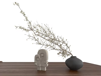 Black Ceramic Vase with Branches and Small White Flowers on Wooden Table with White Figurines 3d model