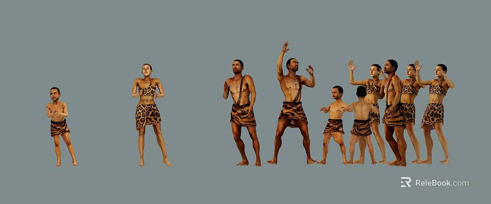 Adults and children in leopard print clothing showing various poses like raising hands and standing 3d model