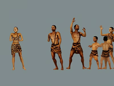 Adults and children in leopard print clothing showing various poses like raising hands and standing 3d model