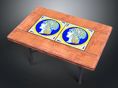 Wooden Dining Table Featuring Two Decorative Tiles Blue Background Figure Heads Yellow Borders Metal Legs 3d model