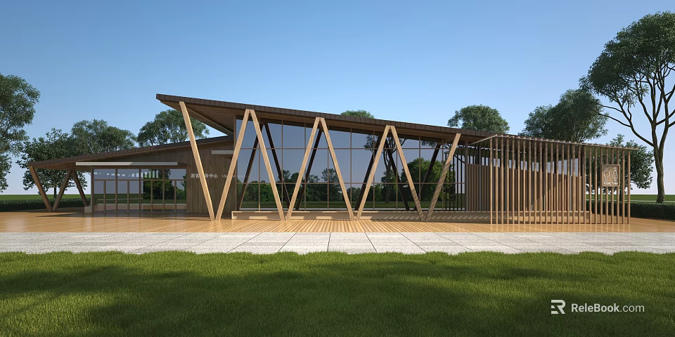 Modern Wooden Visitor Center With Large Glass Windows And Green Lawn Trees 3d model 