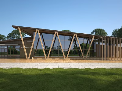 Modern Wooden Visitor Center With Large Glass Windows And Green Lawn Trees 3d model