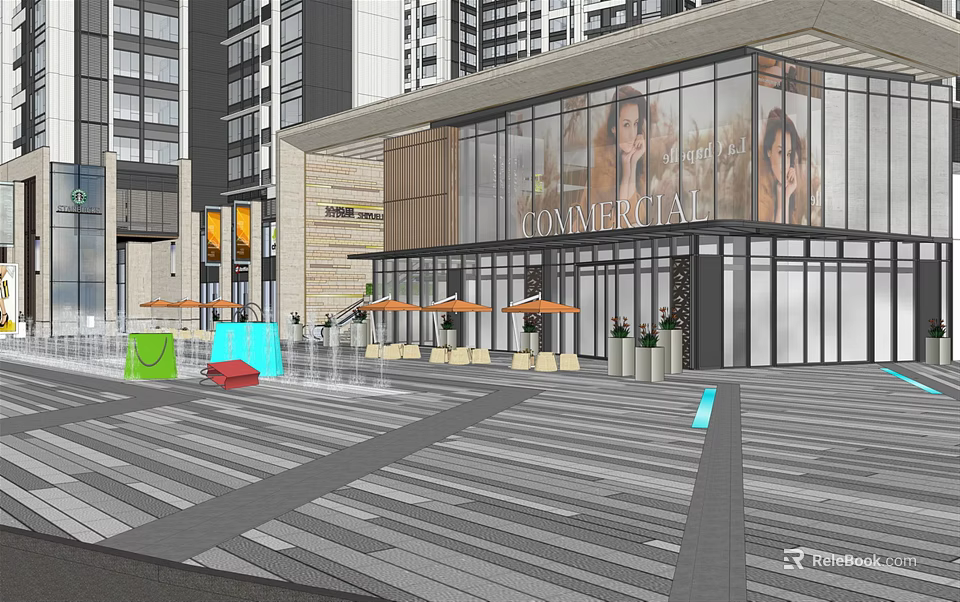 Modern Residential Landscape Building With Glass Facade Plaza And Outdoor Umbrellas 3d model 