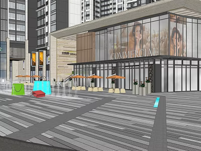 Modern Residential Landscape Building With Glass Facade Plaza And Outdoor Umbrellas 3d model