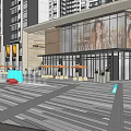 Modern Residential Landscape Building With Glass Facade Plaza And Outdoor Umbrellas