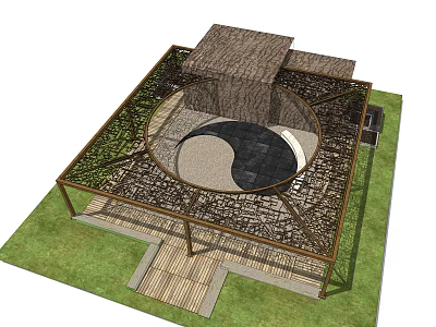 Outdoor Wooden Pergola With Lattice Roof Circular Yin Yang Design And Grass Area 3d model