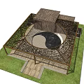 Outdoor Wooden Pergola With Lattice Roof Circular Yin Yang Design And Grass Area