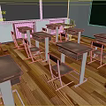 Classroom Interior Scene With Wooden Floor Desks Chairs And Green Blackboard