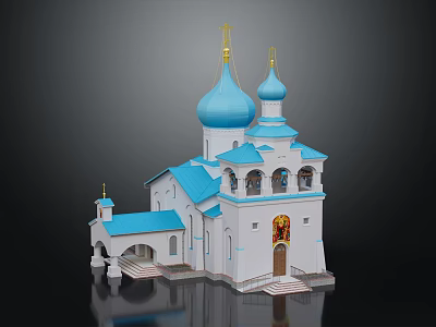 Traditional Russian Church Building With White Exterior Blue Domes Golden Crosses Bell Tower And Mural 3d model