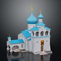 Traditional Russian Church Building With White Exterior Blue Domes Golden Crosses Bell Tower And Mural