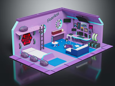 Creative Purple Room Model With Fearless Sign Sofa Ladder And Neon Lighting 3d model