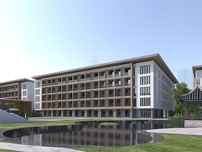 Modern School Building With Multiple Floors Large Windows Front Pond Green Lawn And Trees 3d model