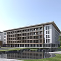 Modern School Building With Multiple Floors Large Windows Front Pond Green Lawn And Trees