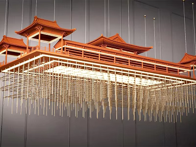Red Chinese Style Chandelier With Traditional Roof Design And Hanging Decorative Strips 3d model