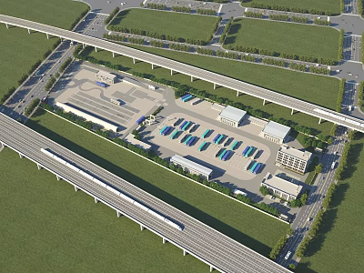 Spacious Parking Lot With Multiple Vehicles Near Highway Railway Buildings And Green Areas 3d model