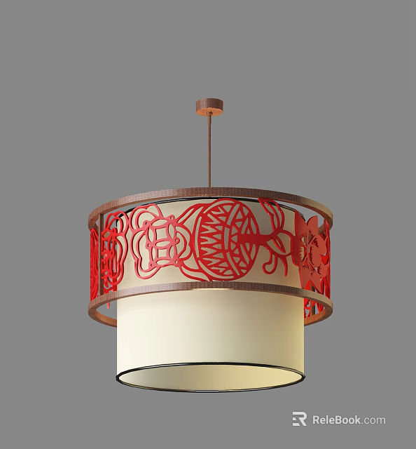 Chinese Traditional Style Chandelier With Intricate Red Cut Out Patterns And White Lampshade 3d model 