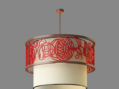 Chinese Traditional Style Chandelier With Intricate Red Cut Out Patterns And White Lampshade 3d model