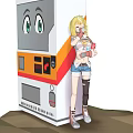 Anime Character With Blonde Hair Holding Plush Toy Next To Vending Machine With Cartoon Face