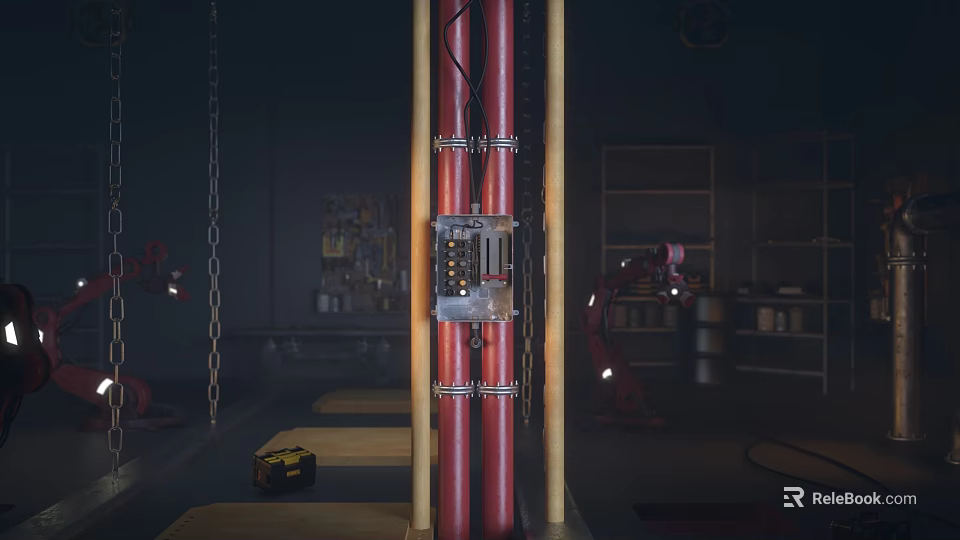 Industrial Heavy Duty Red Steel Pipe Fittings With Metal Brackets And Control Components 3d model 