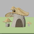 Fairy Tale Mushroom House with Wooden Striped Canopy Gray Walls Small Window and Small Mushrooms