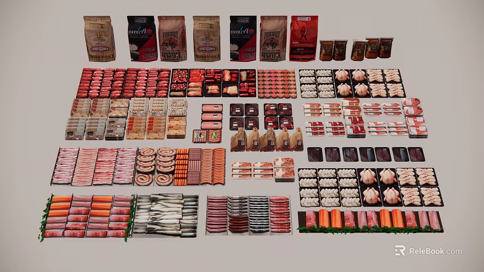 Assorted Packaged Food Products Display With Various Meats Cheeses And Confections 3d model 