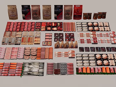 Assorted Packaged Food Products Display With Various Meats Cheeses And Confections 3d model
