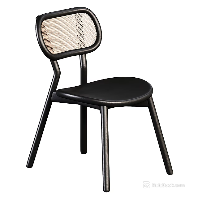 Modern Black Dining Chair With Woven Backrest And Sturdy Wooden Legs 3d model 