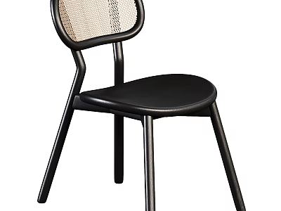 Modern Black Dining Chair With Woven Backrest And Sturdy Wooden Legs 3d model